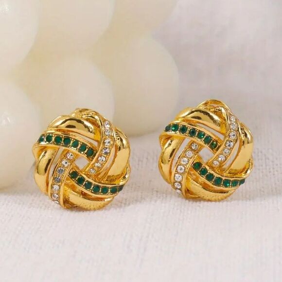 "Amelia" 14k Gold Plate Love Knot Studs, Emerald and Diamond Rhinestones - Picture 1 of 4